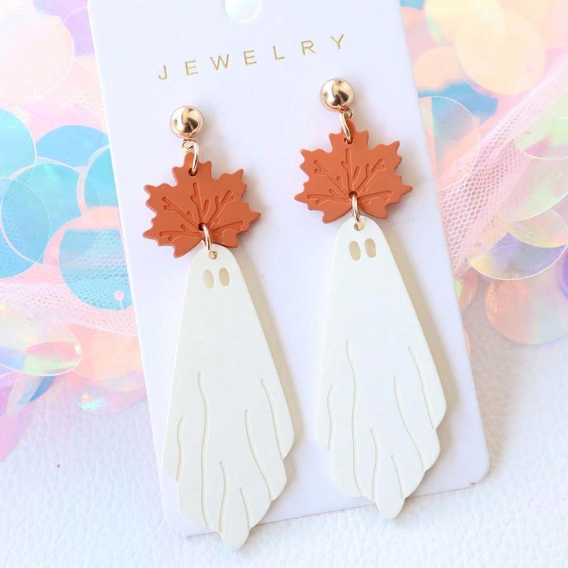 Halloween Soft Clay Acrylic Maple Leaf & Ghost Design Earrings Simple Cute Personalized Earrings, Festival Gift, Party Earrings