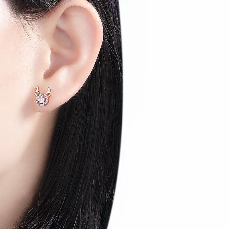 Korean Mori Girl Snowflake Zircon Antler Stud Earrings for Women
