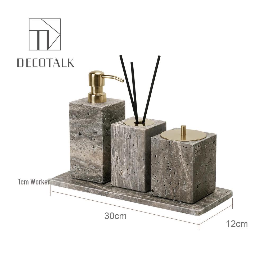 Set da Bagno Travertino Grigio Argento Wabi-Sabi: Vassoio e Decorazione per Lavabo.