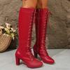 Size 35-43 Women's Red Leather Long Boots Front Lace-up Side Zipper Pointed Toe Chunky High Heel Fashion Knee-High Boots Autumn