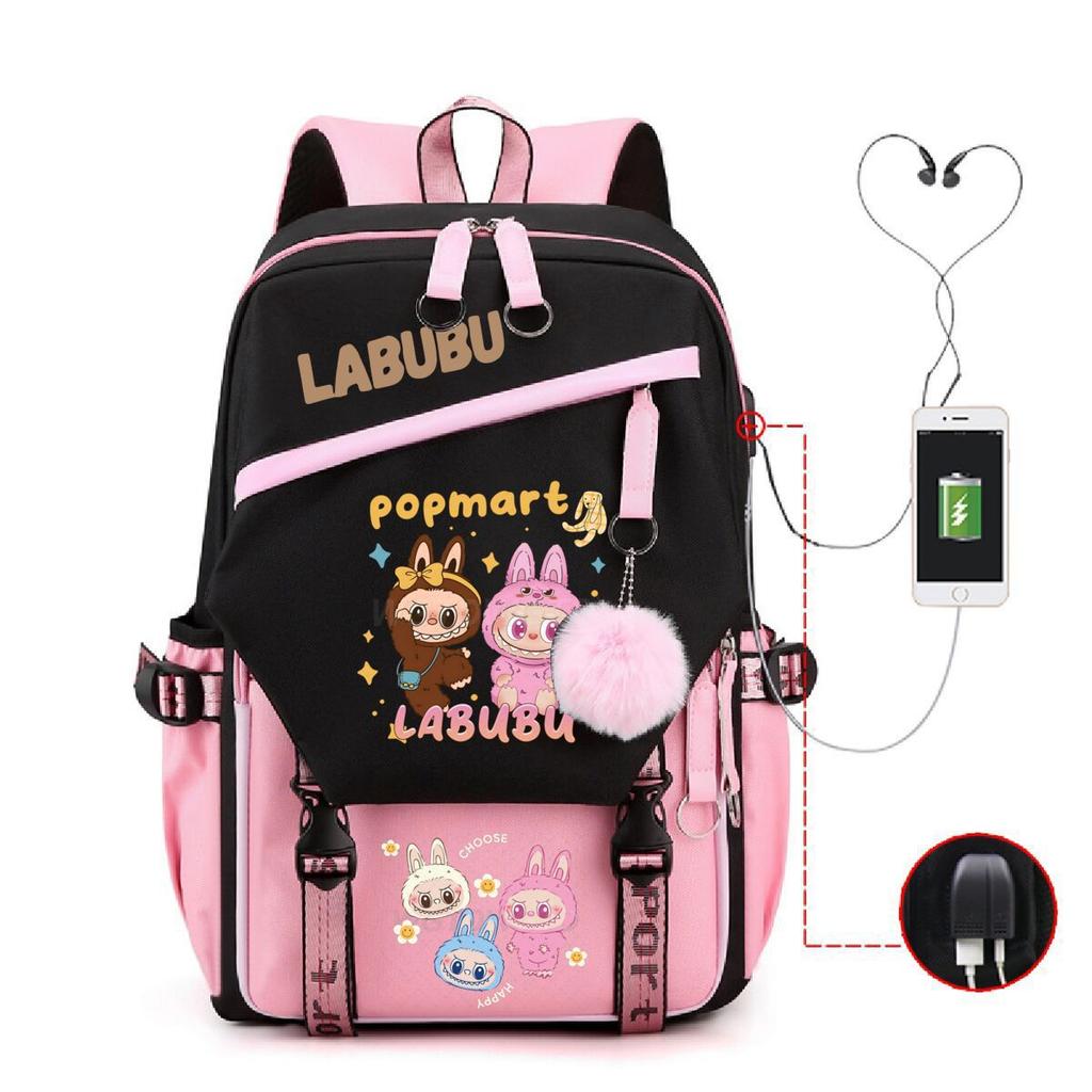 Labubu printed student schoolbag multi-function large capacity backpack with USB port