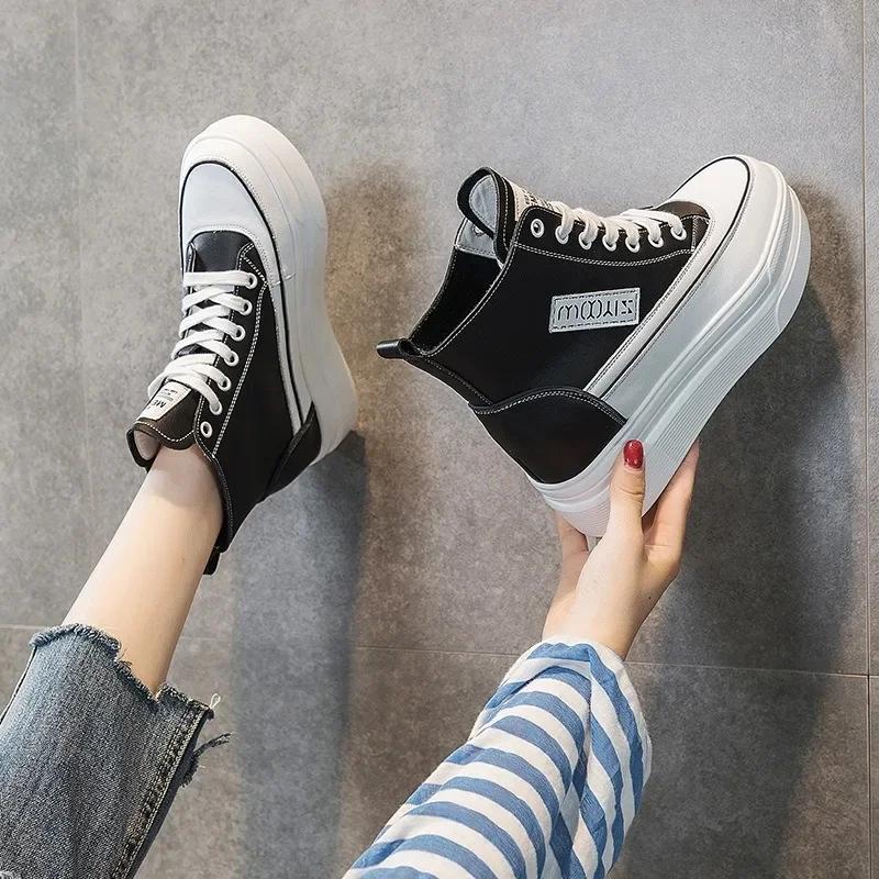 Leather Thick-soled High-top Women's Shoes 2025 Autumn Winter New Fashionable Zipper Height Increased 8cm Casual Sneakers Shoes