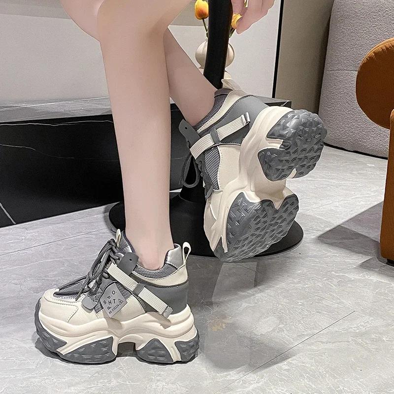 Fashion 10CM Heels Women Chunky Leather Sneakers High Top Platform Sport Shoes Autumn Spring Casual Shoes Fashion Vulcanized Shoes Woman