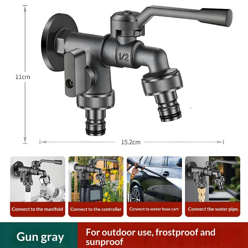 Outdoor Dual Outlet Garden Water Faucet 2 Way Zinc Alloy Freeze Proof Tap for Frost Protected Lawn Watering