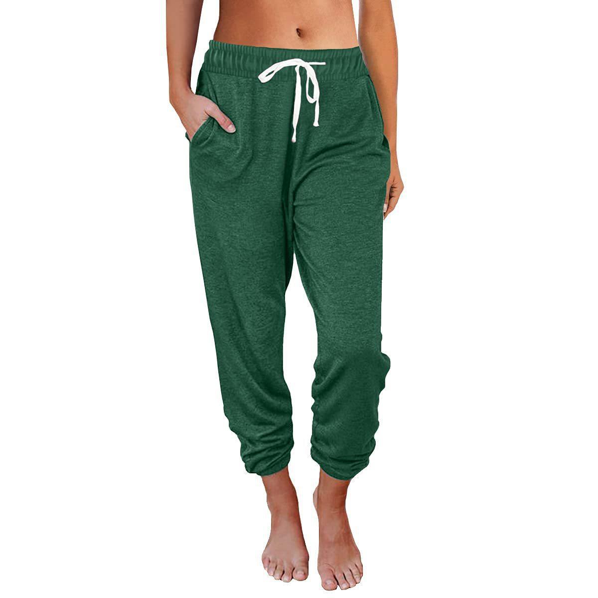 Women S Casual Drawstring Mid Waist Ankle Length Pants S зелёный
