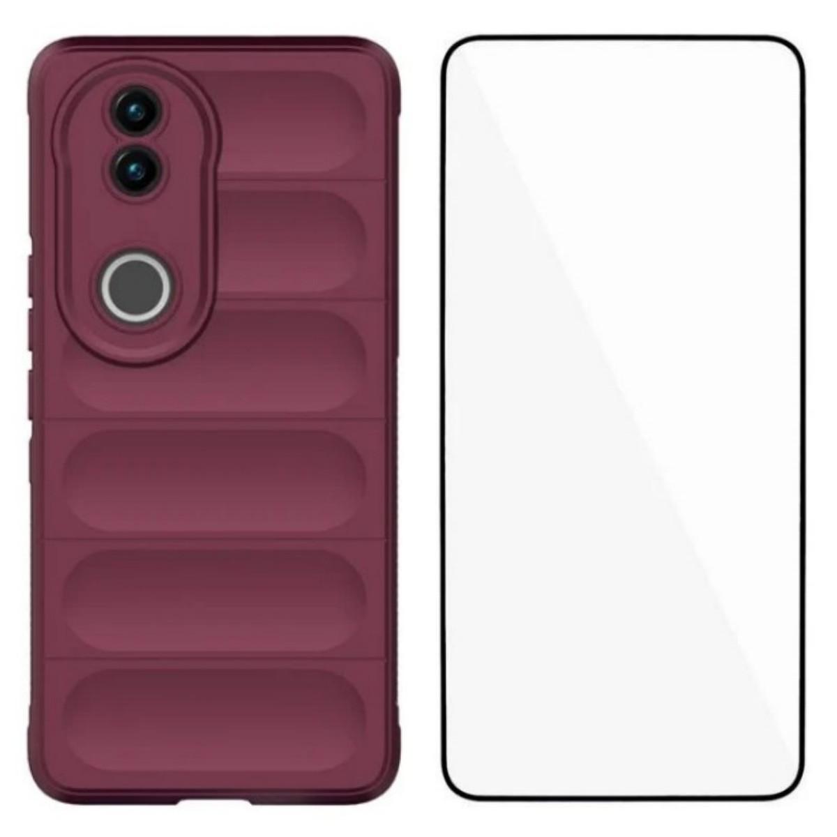 

For vivo V50 5G TPU Case WANLONFENG HD Series Anti Slip Phone Cover with Tempered Glass Wine Red
