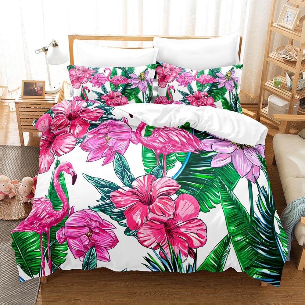 Pink Flamingo Duvet Cover Set Green Leaves Floral Animal Print Bedding Sets For Kids Girls Tropical Pattern Design Bedroom Decor