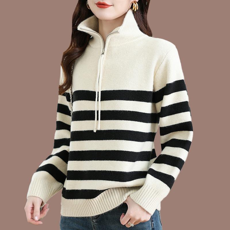 Half Zipper Sweater Women's New Autumn and Winter Lapel Collar Inner Bottoming Shirt Striped Knitted Sweater Top
