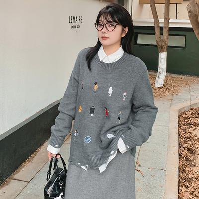 Plus Size Women's Crew Neck Design Embroidered Knit Pullover Sweater