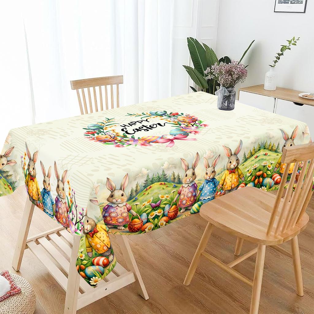 Vintage Easter Bunny Tablecloth Rabbit Eggs Flower Table Flag Cover Happy Easter Decoration For Home Kitchen Dining Table Decor