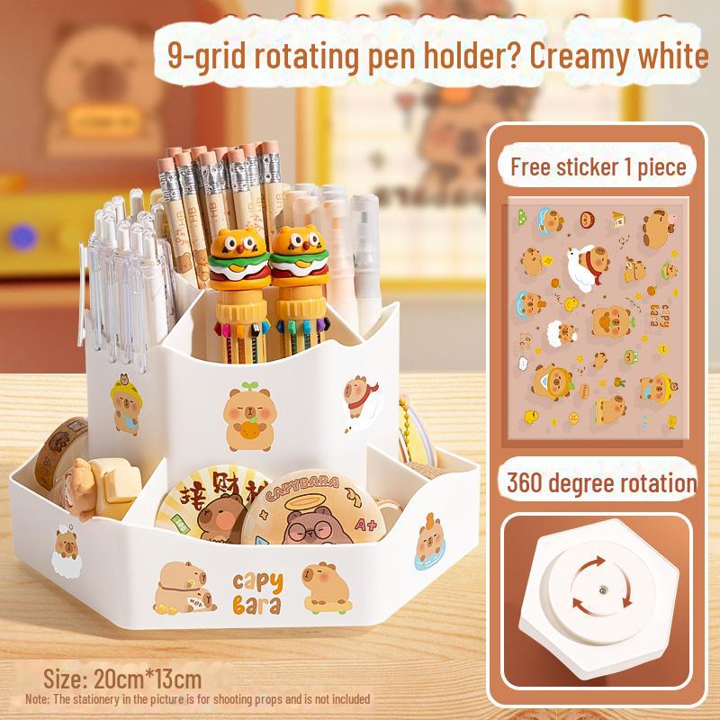 

Вращающийся держатель для пера: Многофункциональный органайзер для канцелярских принадлежностей с девятью ячейками для студентов и офиса молочный белый