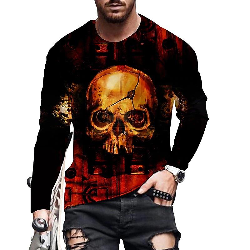Men'S Skull 3D Digital Printing Casual Sports Long Sleeve Crew Neck T-Shirt