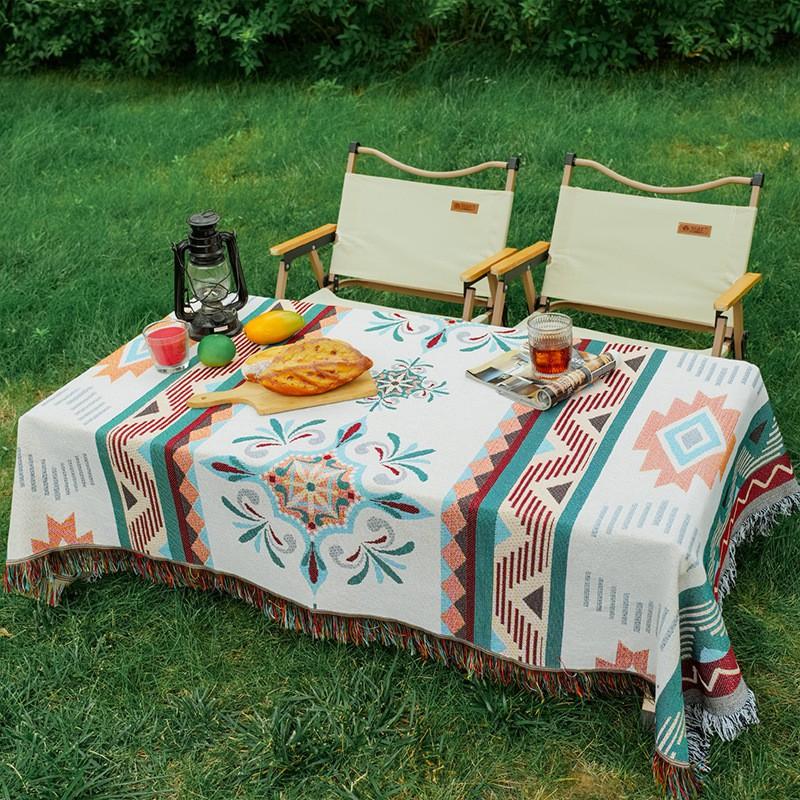 Bohemian Style Cotton Linen Tablecloth Picnic Blanket Outdoor Camping Mat Waterproof Ground Cover