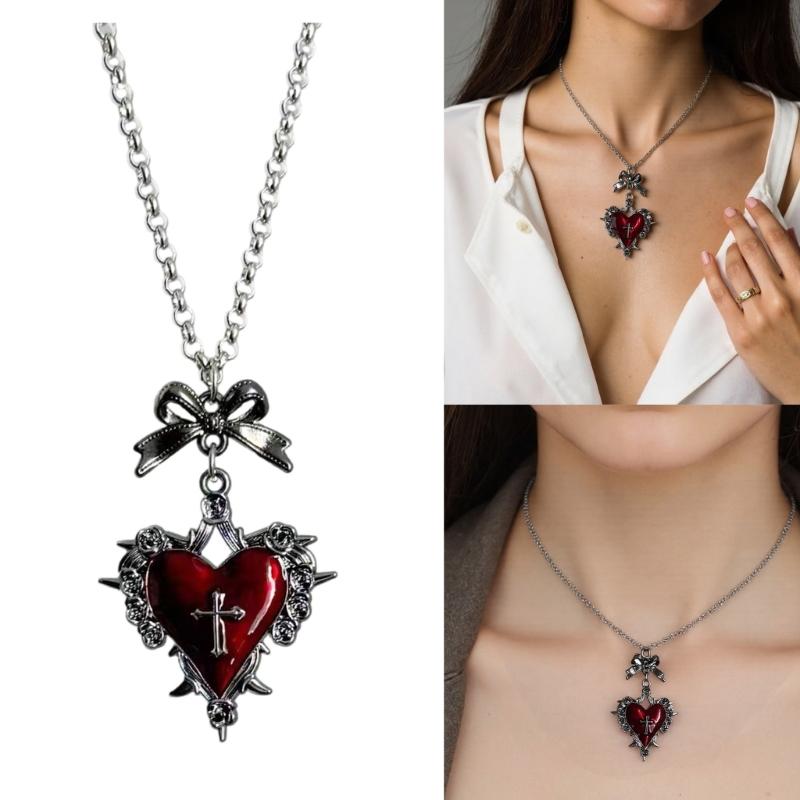 Fashionable Dark Styles Gothic Necklace with Heart Bowknot and Crosses Pendant Portable Accessory for Fashionistas