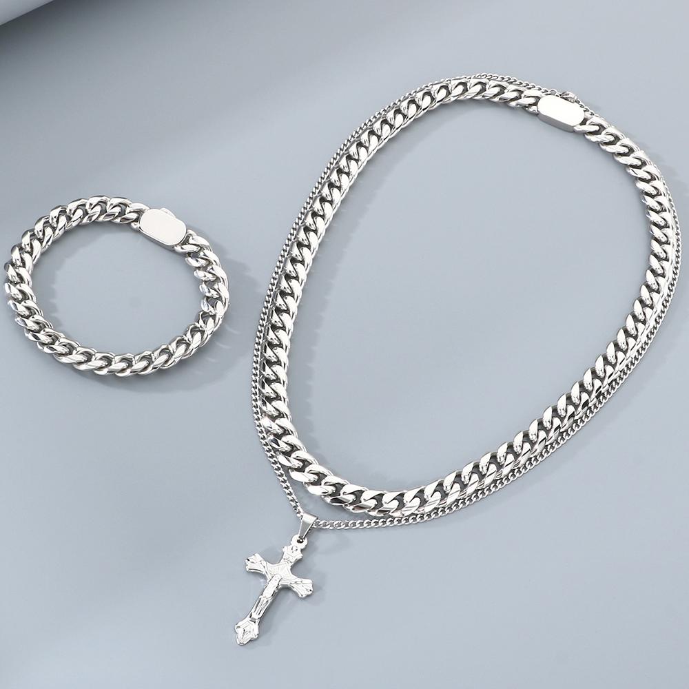 Men's Double Layer Cross Pendant Necklace for Men Gold Color Stainless Steel Cuban Link Chain Necklaces Bracelets Jewelry Set