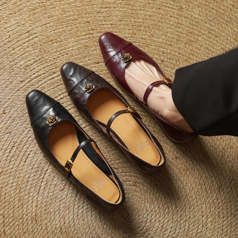 New Low-top Shallow-mouth Leather Single Shoes, Comfortable Low-heeled Single Shoes, Women's Head and Foot Pedal, Comfortable Beef Tendon So