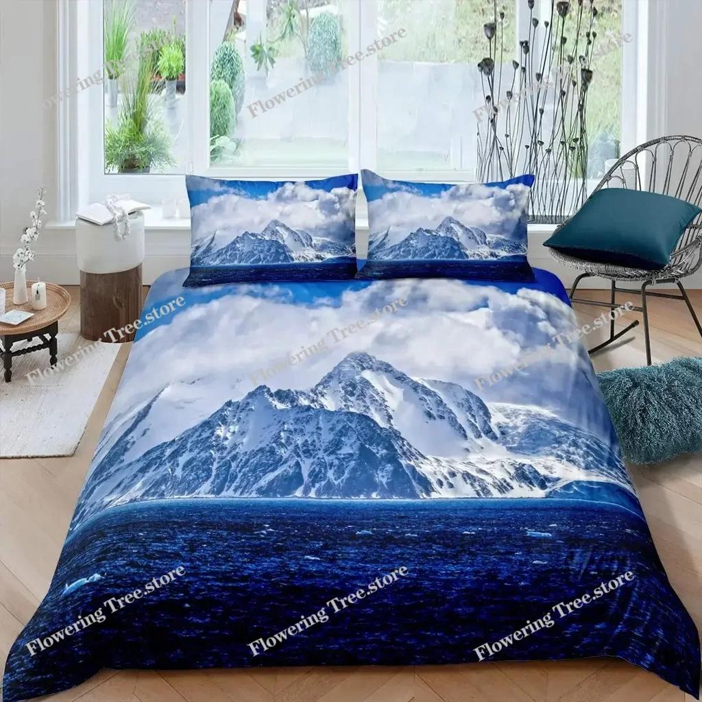 Snow Mountain Duvet Cover Set Sea Waves Bedding Set Sea Landscape King Size Comforter Cover Nature Scenery Polyester Quilt Cover