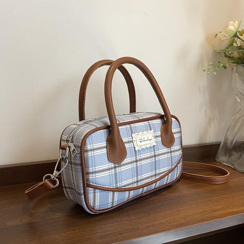 

Korean version of fashion handbag small bag women s 2025 new canvas plaid small square bag shoulder messenger bag синий