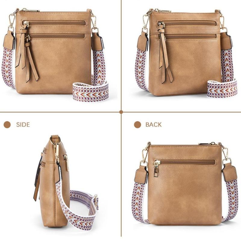 Women’s PU Leather Crossbody Bag Wide Woven Strap Multi Pocket Shoulder Bag Large Capacity Casual Messenger Purse