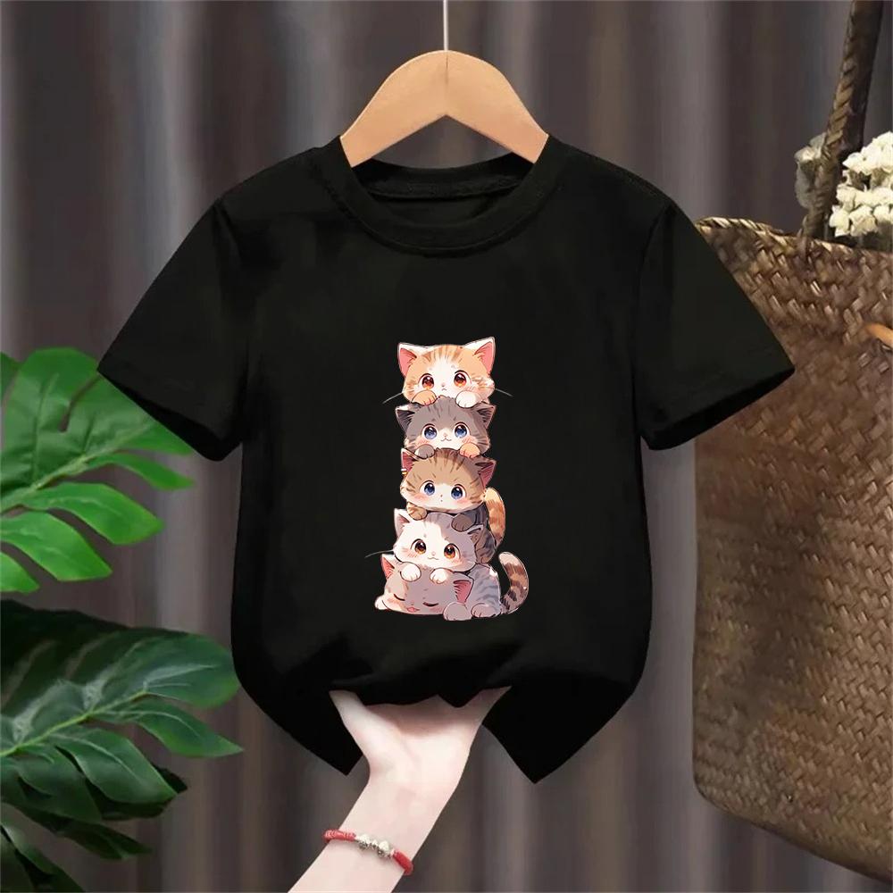Fashion Funny Cat T Shirt Kids Letter Print Short Sleeve Round Neck Boys Girls Casual Summer Breathable Tshirt