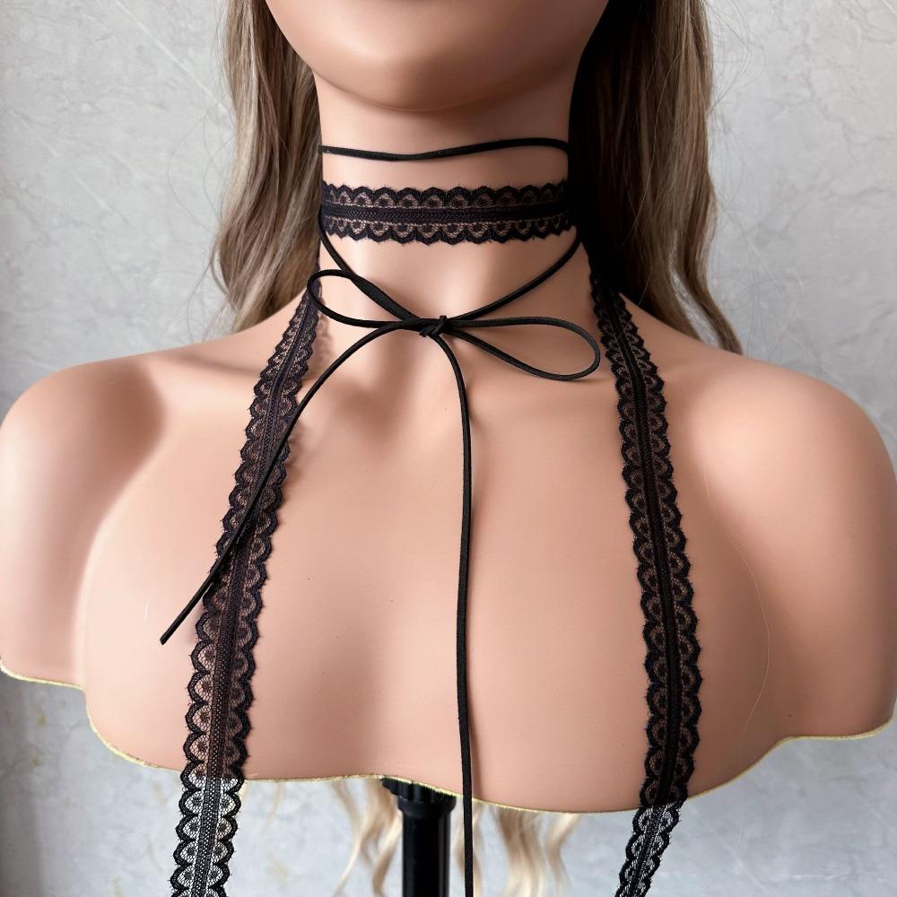 Lace Layered Collarbone Necklace, Sweet Versatile Floating Ribbon Scarf Design, Fashion Elegant Jewelry for Women чёрный