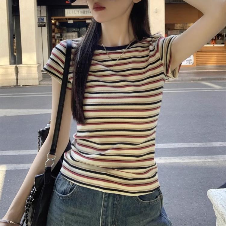 Summer Fashion Colorful Stripes Women O-Neck T-Shirts Harajuku Cotton Short Sleeve Casual Slim Tees Clothes Female Crop Top