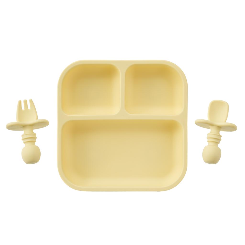 Color Kids 3PC BPA-Free Silicone Baby Feeding Set Sucker Dishes Plates Training Fork Spoon Weaning Tableware Kids Christmas Gift