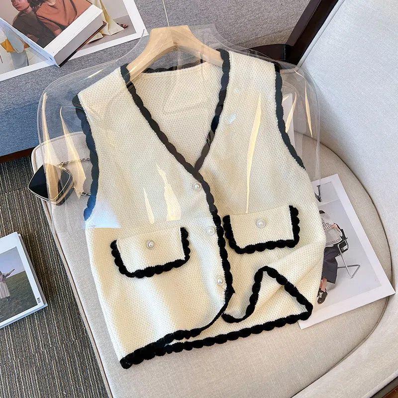Autumn Women's V-neck Single-breasted Knitted Vest Contrast Slim Cardigan Vest
