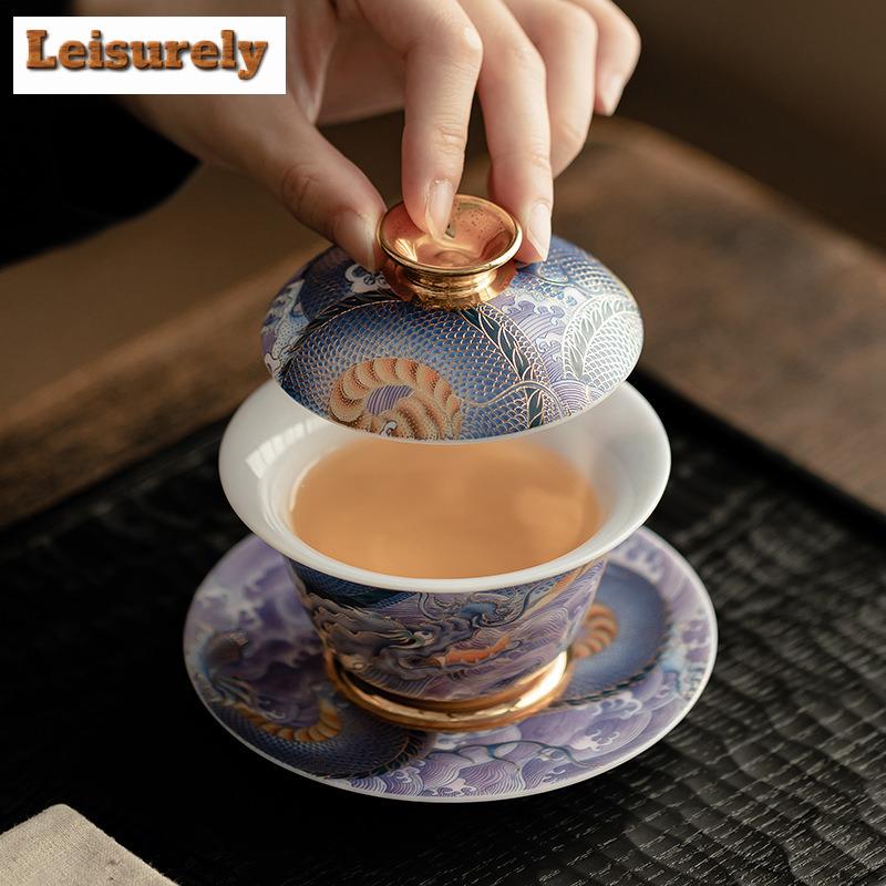130ML Sheep Fat Jade Porcelain Gaiwan Enamel Colored Blue And White Dragon Palace Tea Tureen Tea Brewing Cover Bowl Tableware