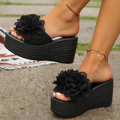 2025 Übergröße Damenschuhe Offene Zehen Damen Hausschuhe Plateau Freizeit-Hausschuhe Damen Floral Runde Zehen Superhohe Keilsandalen