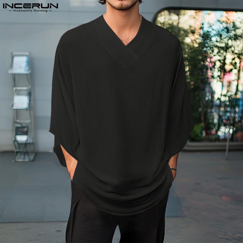 INCERUN Summer Men's Batwing Sleeve Semi-Sheer Chiffon Casual Oversized T-Shirts