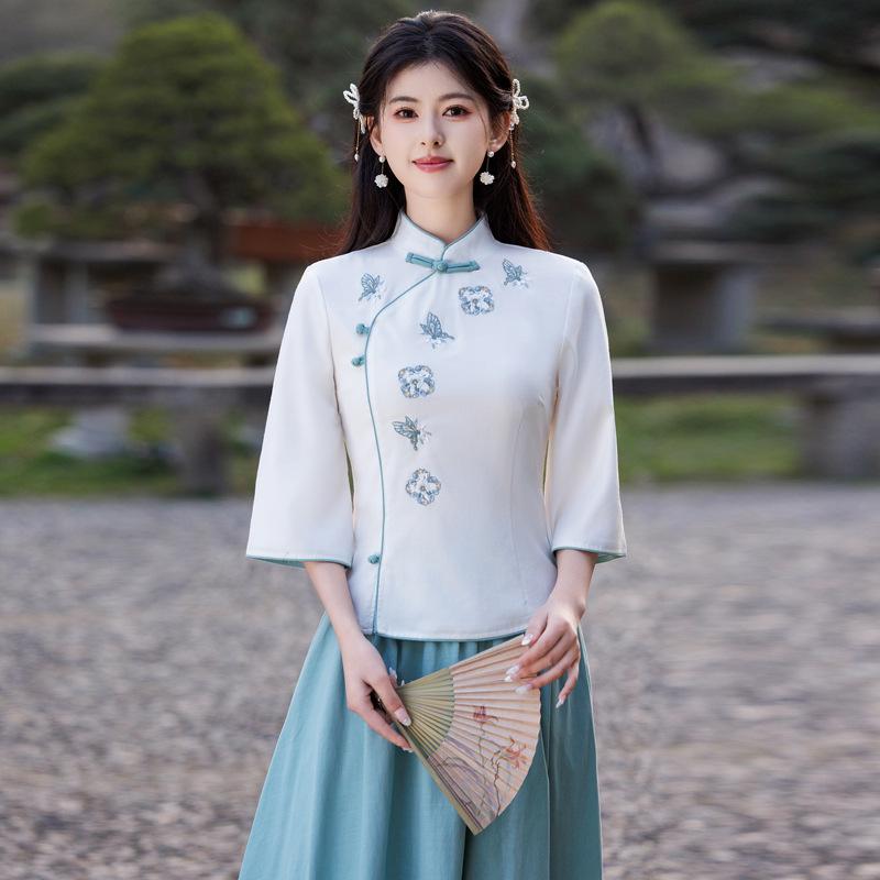 Vară Retro Chinezesc Guler Mandarin Bumbac In Brodat Costum Tang Cheongsam Top