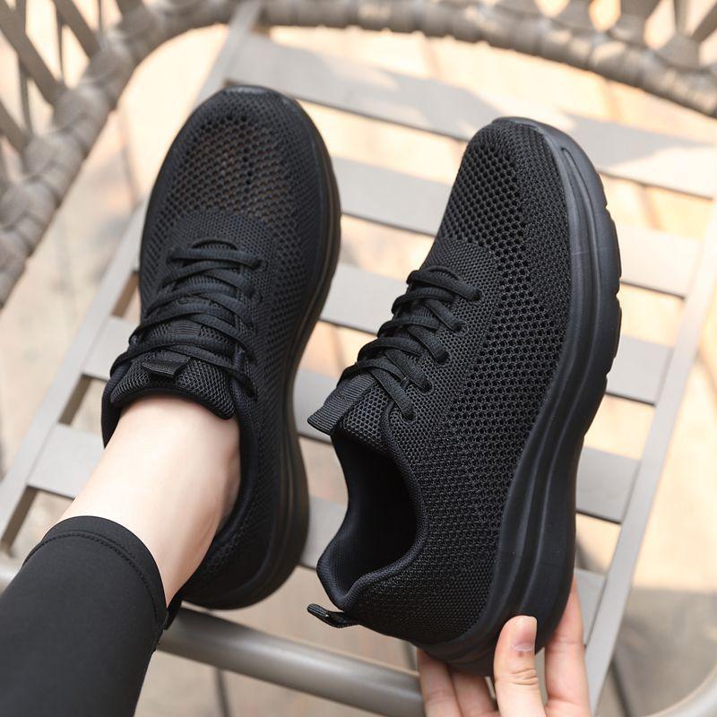Summer hollow breathable mesh casual sports shoes women's soft sole light running net shoes all black shoes