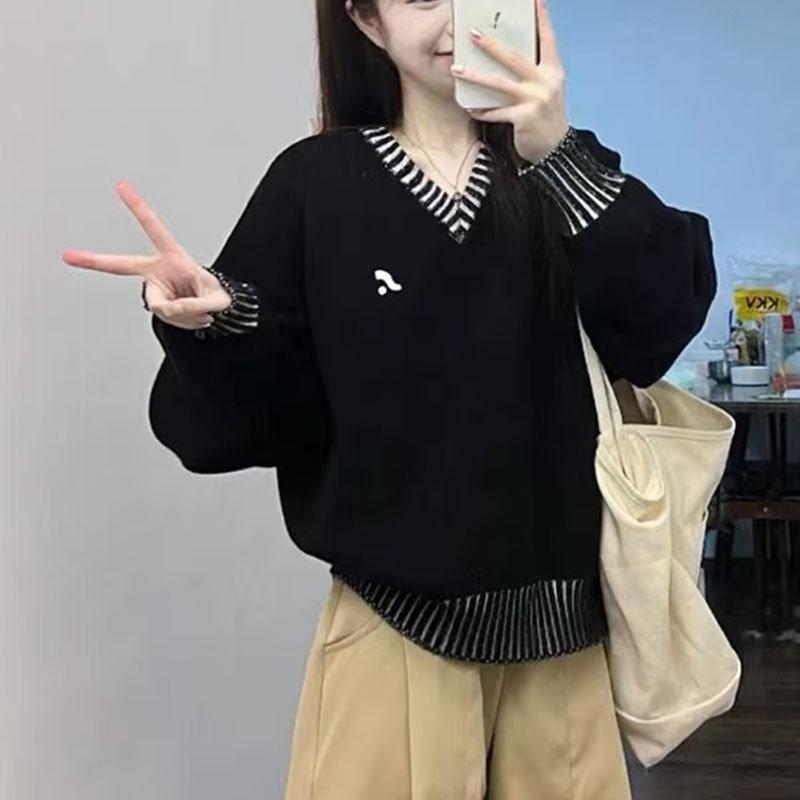 Korean V-Neck Black Wool Sweater with Stripes - Women's Autumn Age-Reducing Style 2026
