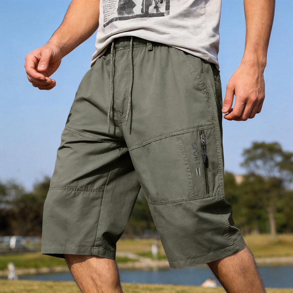 Men's Loose Fit Knee Length Cargo Shorts with Elastic Waistband and Multiple Pockets for Everyday Wear Outdoor Activities