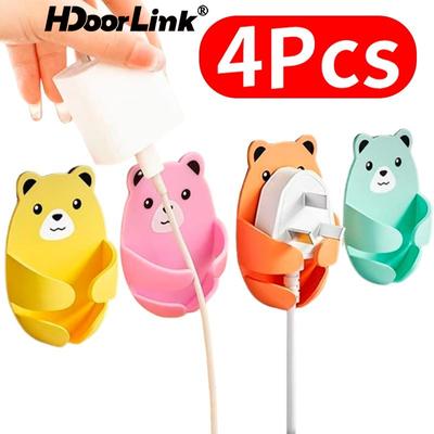 4PCS Wall Storage Hook Bear Plug Bracket Punch-free Power Plug Socket Holder Kitchen Cable Hook Wire Adhesive Hanger Bathroom