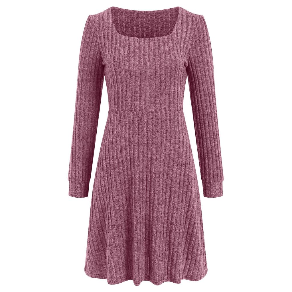 Vestido de Punto de Manga Larga para Mujer con Bolsillos Cuello Cuadrado Vestidos Ajustados Tejido de Color Puro Vestido Elegante para Mujer