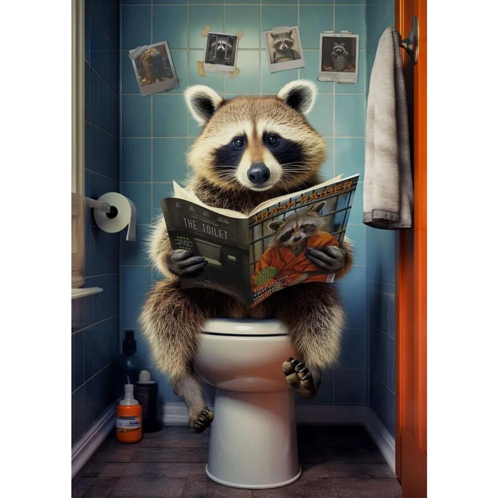 Dog Monkey Highland Cow Sitting on The Toilet Reading Newspaper Poster Animal Print Canvas Painting Funny Bathroom Wall Decor