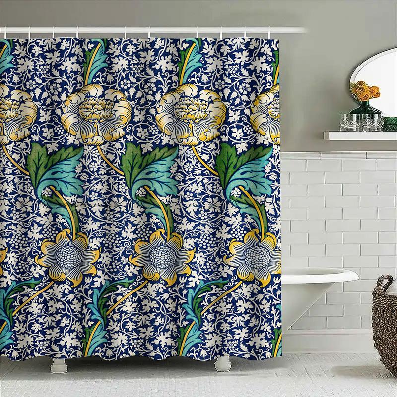 Decorative Blue Floral Bath Shower Curtain With Golden Accents For Bathroom Decorations