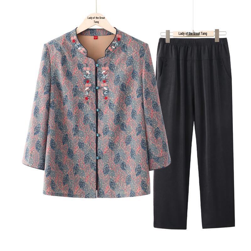 Women s Mid-Aged Spring/Autumn Stand Collar Shirt Set XL