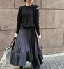 Autumn/Winter 2025 Women's High-Waisted Black Fishtail Pleated Mid-Length Skirt with Irregular Hem