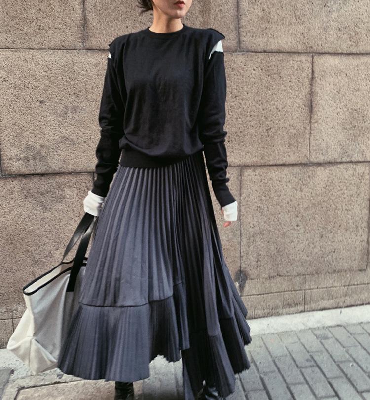Autumn/Winter 2025 Women's High-Waisted Black Fishtail Pleated Mid-Length Skirt with Irregular Hem