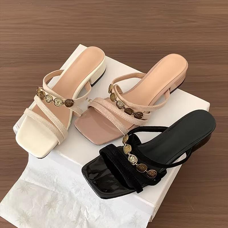 Female Large Size French Square Head Slippers Metal Medium Heel Cool Fairy Wind 2025 Summer New Gentle Outer Wear One-word Drag