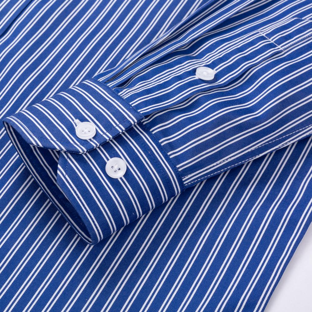 Men's Premium Non-Iron Pure Cotton Long Sleeve Formal Shirt with Spread Collar, No Pocket Plaid Striped for Business Casual Wear