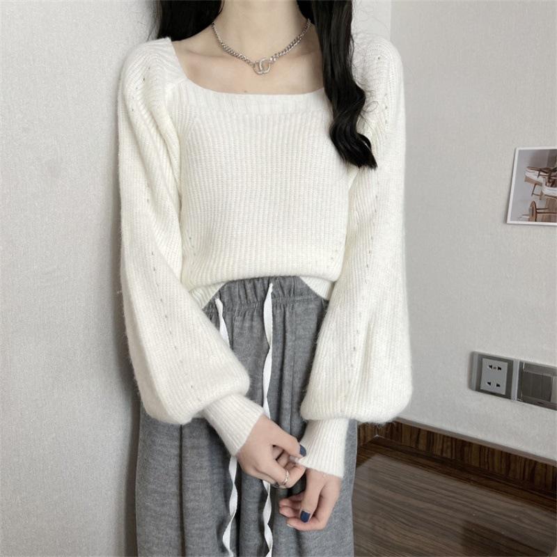 

Women s Thickened Lantern Sleeve Sweater - Autumn/Winter Square Collar Trendy Design L (suggested 53-60 kg) белый