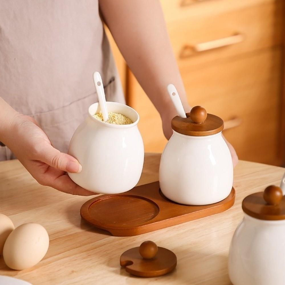 Moisture-Proof Spice Containers with Spoon Spice Bottles Ceramics Seasoning Jars  Kitchen
