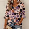 Women's Halloween Printed Three-Quarter Sleeve Blouse with Tie Neck and Ruffled Hem