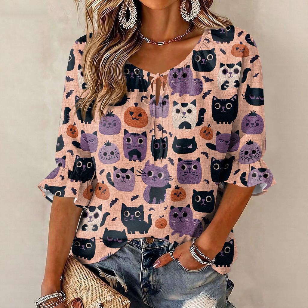 Women's Halloween Printed Three-Quarter Sleeve Blouse with Tie Neck and Ruffled Hem
