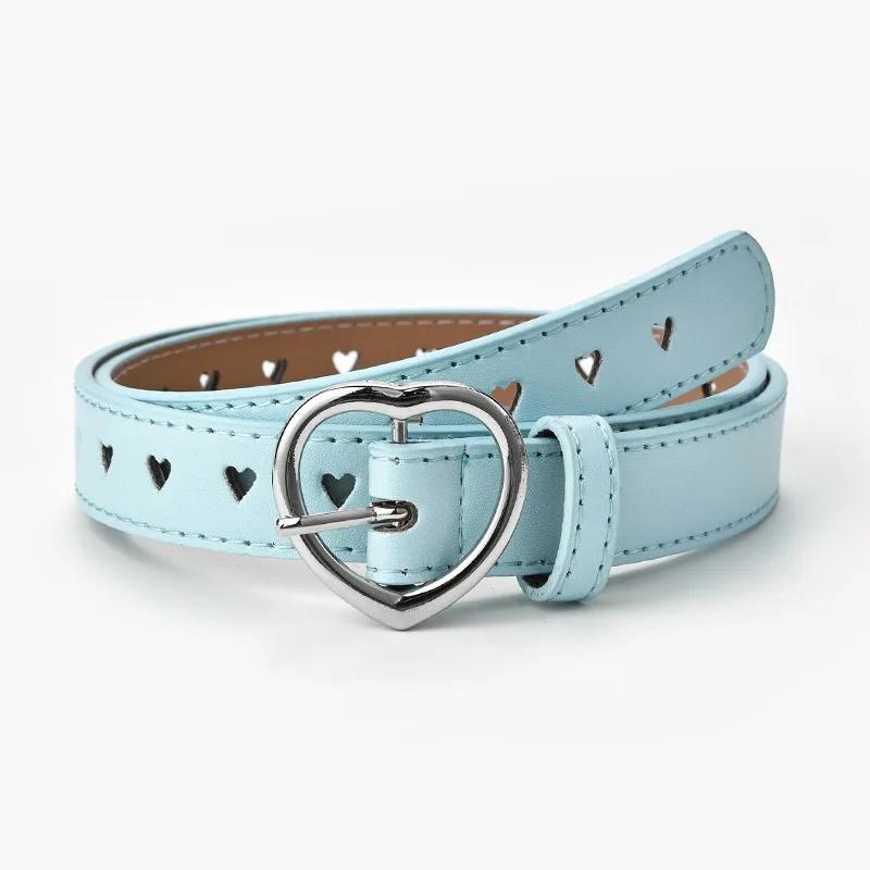 Mango Event PU Lederen Riem Kinderen Leuke Perzik Hart Gesp Riemen Voor Meisjes Effen Tailleband Liefde Hart Oogje Grommet Taille Riem 90cm hemelsblauwe kleur