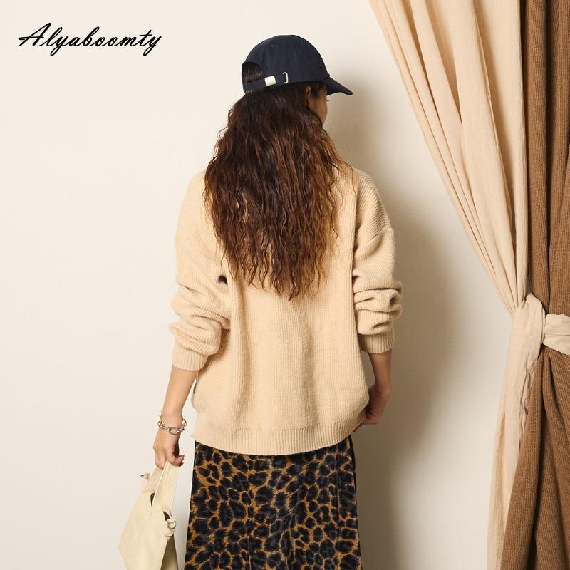 Koreanische Mode Herbst Winter Damen Strickjacke V-Ausschnitt Schwarz Grau Aprikose Gestrickte Oberbekleidung Lässig Locker Damen Denim Patchwork Stilvoller Mantel